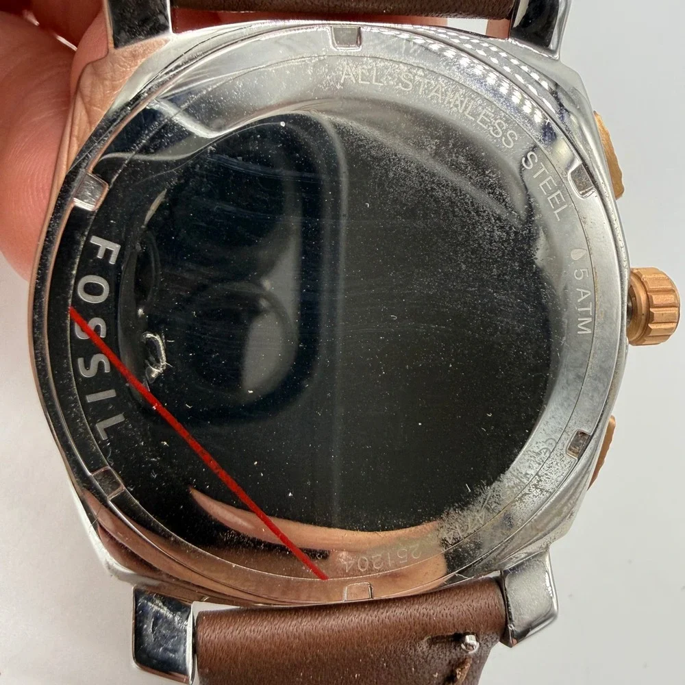 Fossil Watch Men Brown FS-4714 Machine Chronograph Rose Gold Bezel Leather Strap
